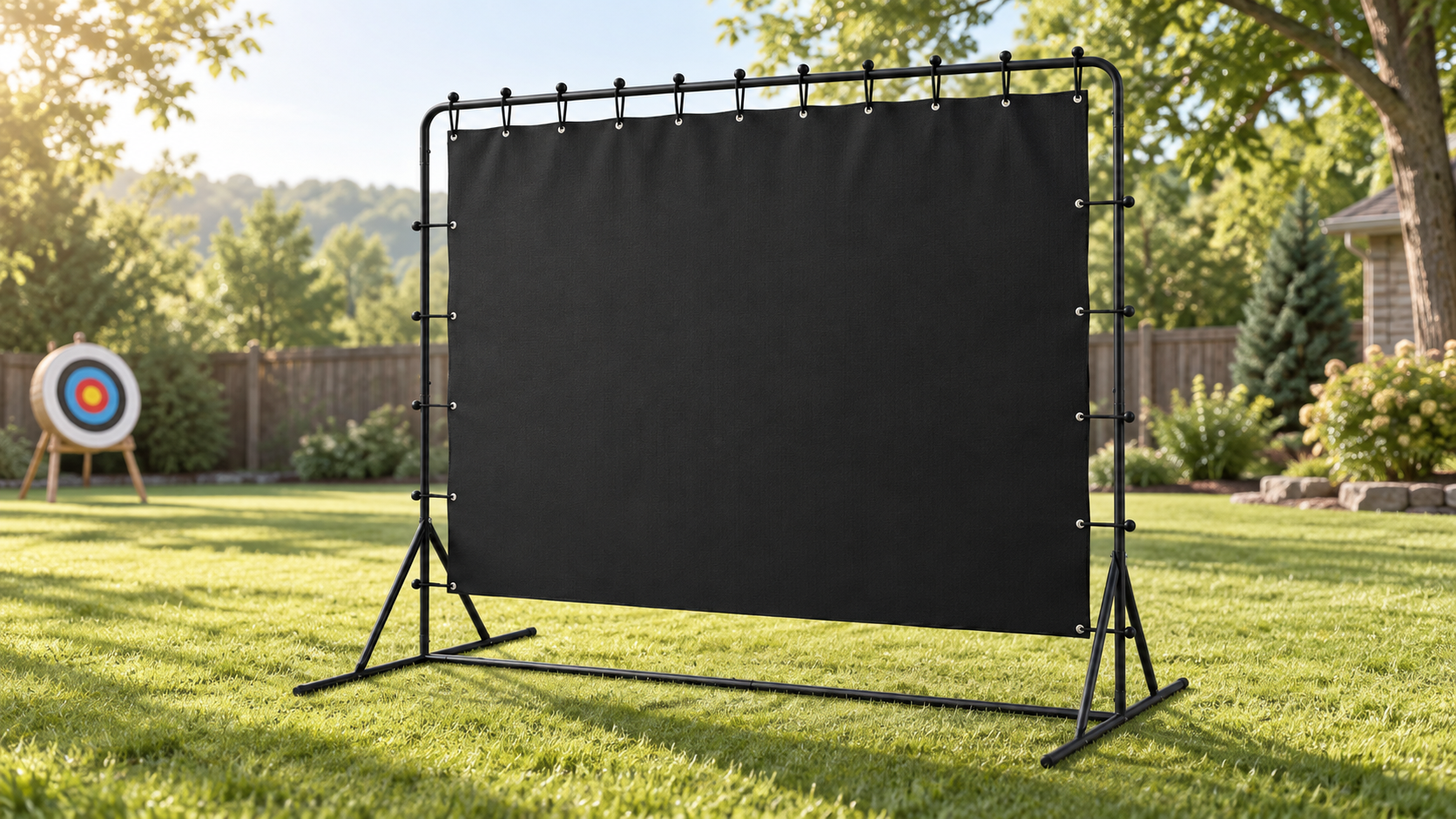 Ironcrest backstop pictured in a garden with an archery target