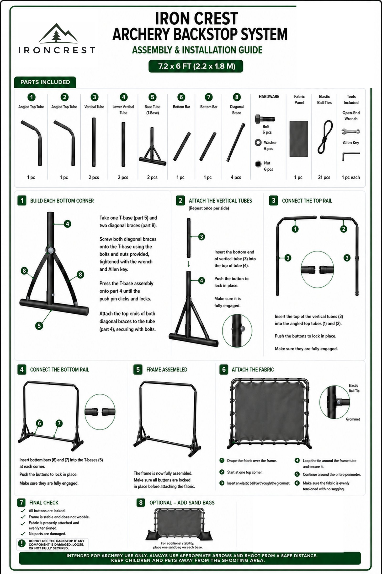 Iron Crest Archery Backstop System — assembly and installation guide, parts list and 8 assembly steps
